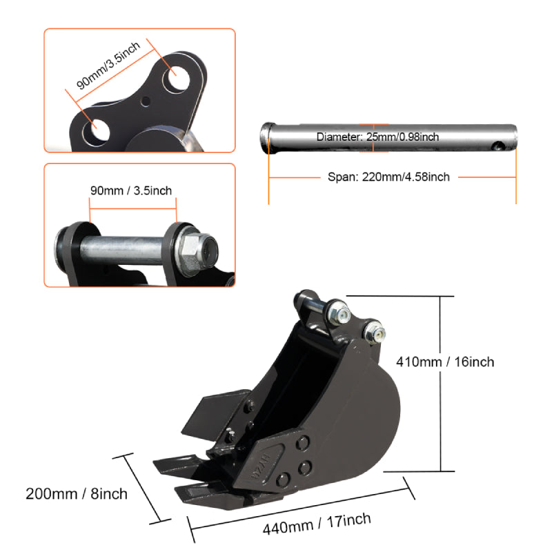 8 inch mini excavator toothed bucket size
