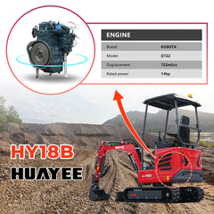 Mini Excavator with 14hp Kubota Engine | Hydraulic Thumb, Side Swing & Canopy | HUAYEE HY18B