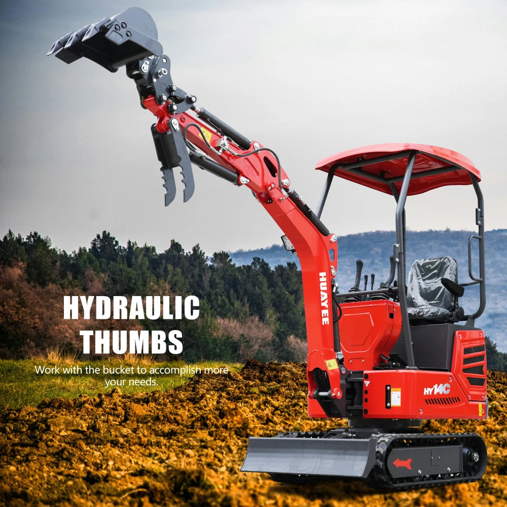 Mini Excavator with Hydraulic Thumb & Side Swing Boom - 13.5hp B&S Engine | HUAYEE HY14C