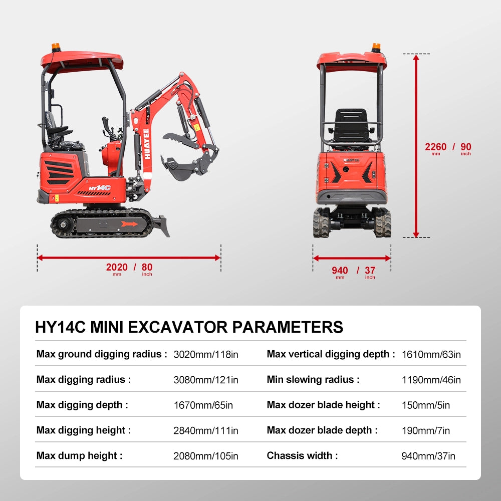 Mini Excavator with Hydraulic Thumb & Side Swing Boom - 13.5hp B&S Engine | HUAYEE HY14C