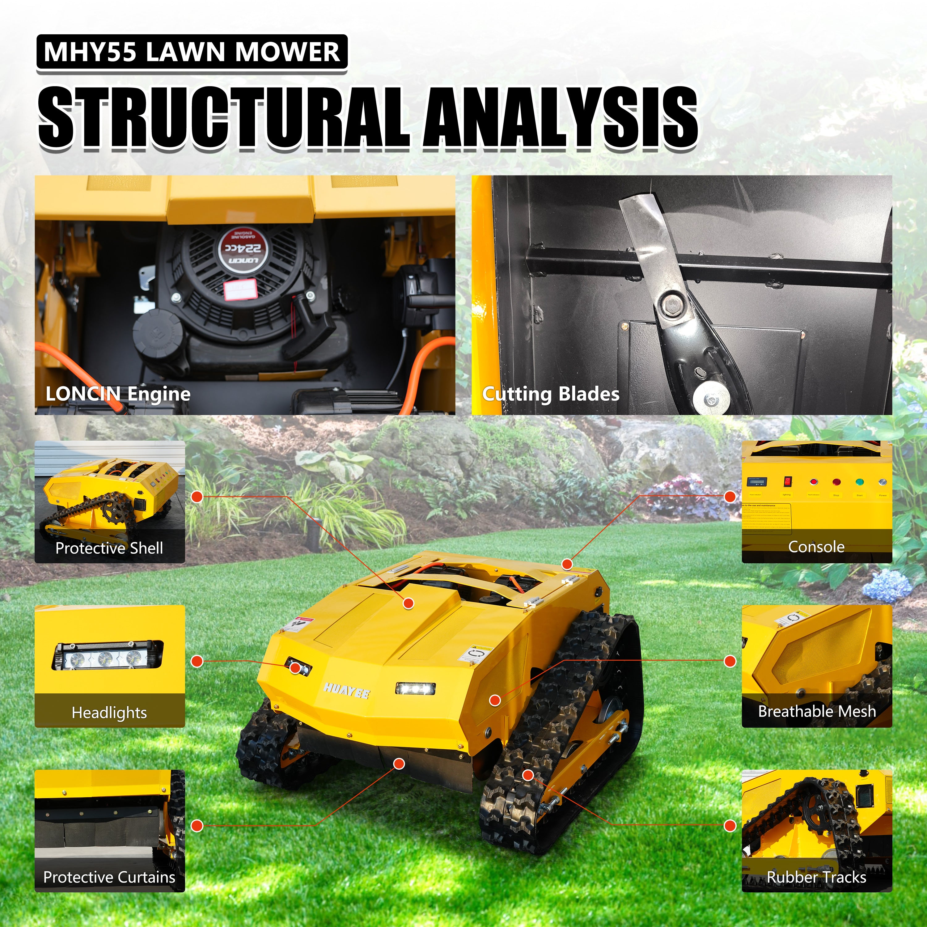 HUAYEE MHY55 Mini Compact Remote Control Tracked Lawn Mower