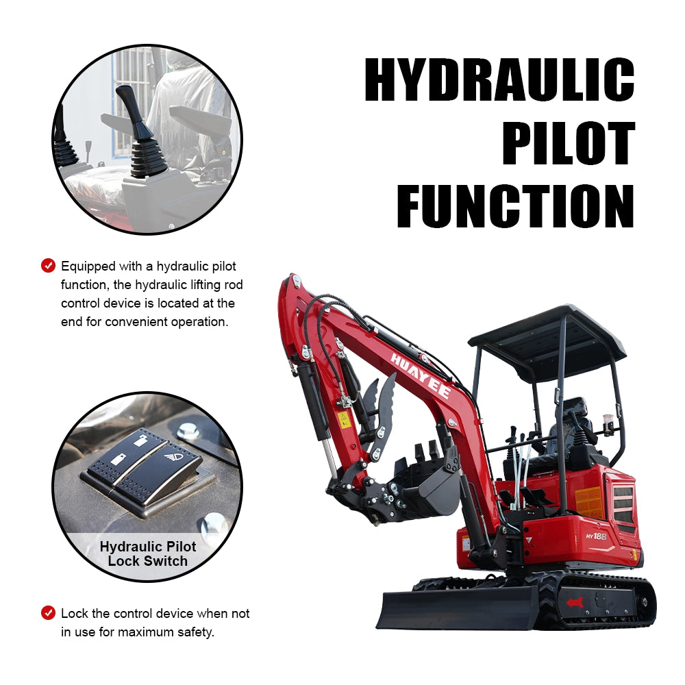 2-Ton Mini Excavator with 14hp Kubota Engine | Hydraulic Thumb, Side Swing & Canopy | HUAYEE HY18B