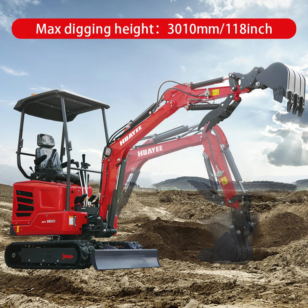 2-Ton Mini Excavator with 14hp Kubota Engine | Hydraulic Thumb, Side Swing & Canopy | HUAYEE HY18B