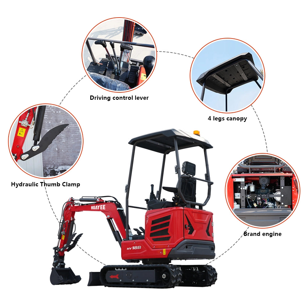 2-Ton Mini Excavator with 14hp Kubota Engine | Hydraulic Thumb, Side Swing & Canopy | HUAYEE HY18B