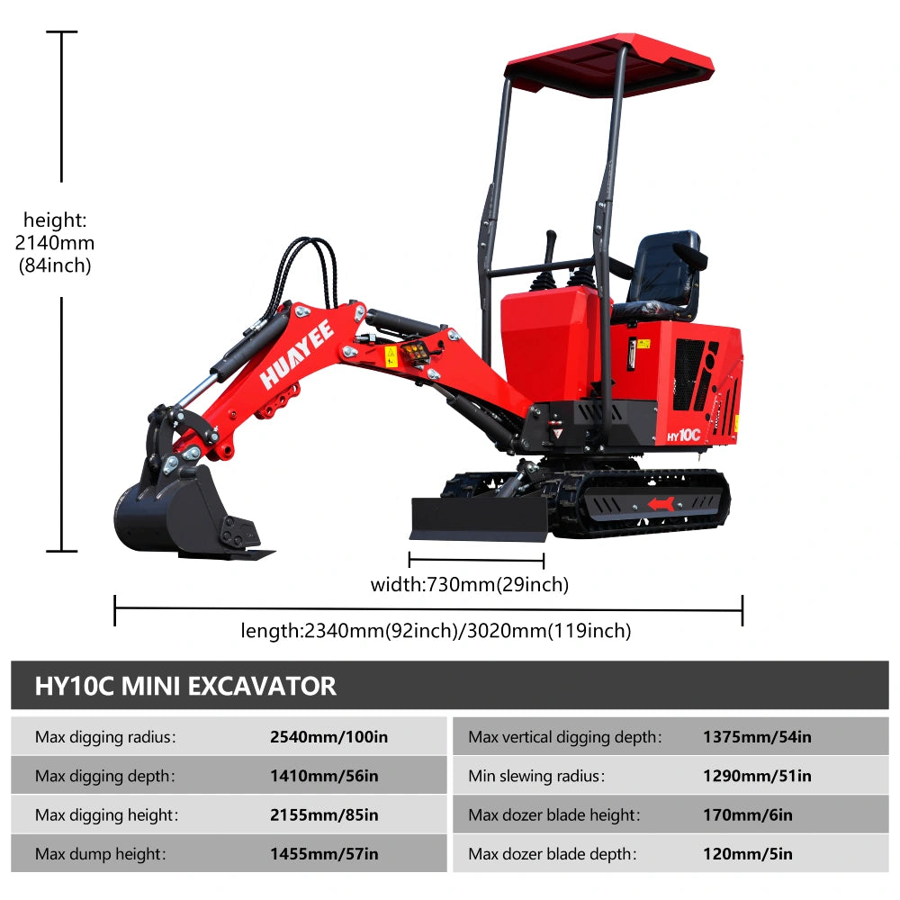 1 Ton Mini Excavator with 13.5HP RATO Engine & Canopy | HY10C
