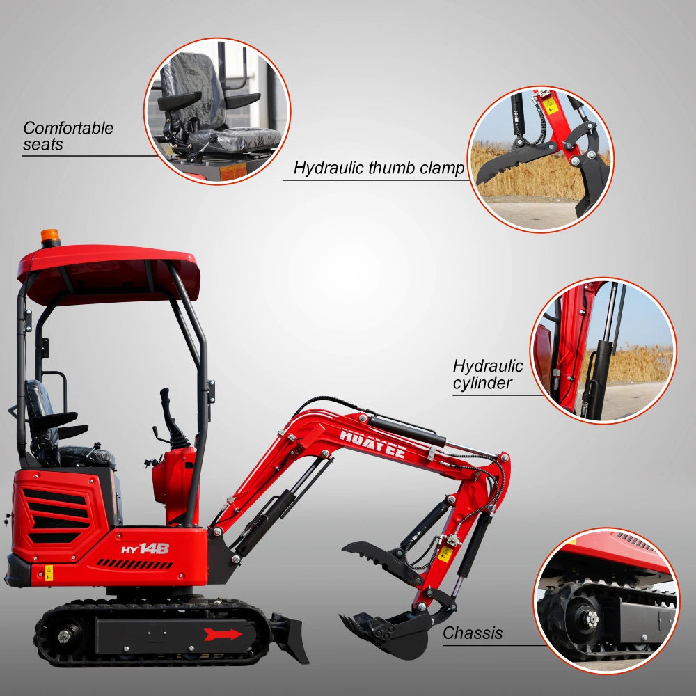 1.2-Ton Mini Excavator with Hydraulic Thumb Clamp & Canopy | 13.5 hp RATO Engine | HY14B