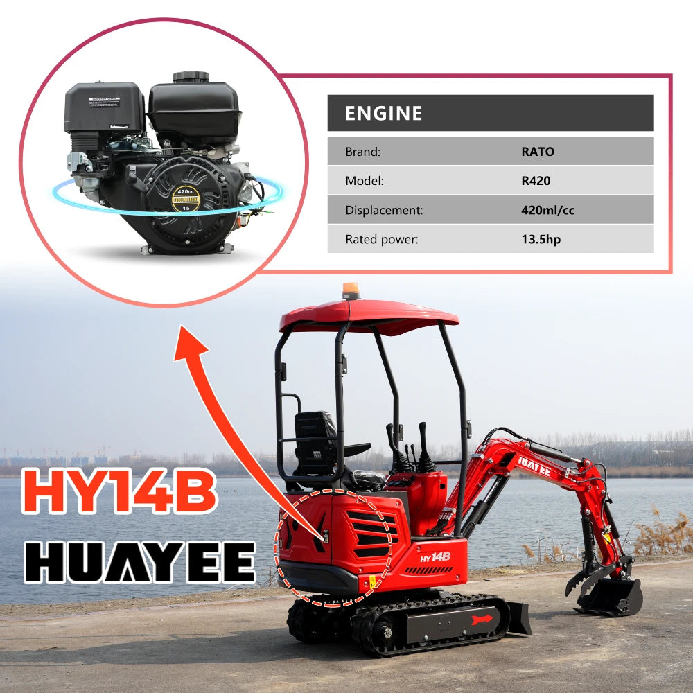 1.2-Ton Mini Excavator with Hydraulic Thumb Clamp & Canopy | 13.5 hp RATO Engine | HY14B