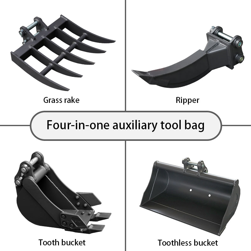 Toothless Bucket, Rake, Ripper 4-In-1 Set For 2 Ton Mini Excavators | HUAYEE HYE05