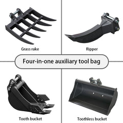 Toothless Bucket, Rake, Ripper 4-In-1 Set For 2 Ton Mini Excavators | HUAYEE HYE05